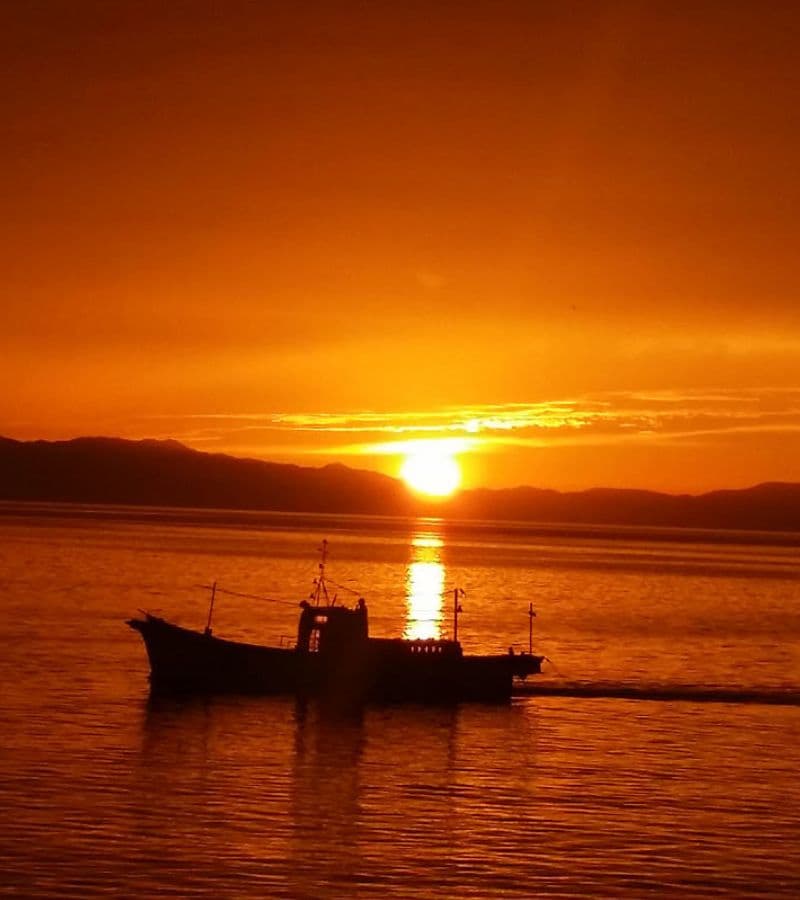 橘湾に沈む夕日と漁船